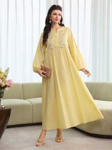 Al Najma Women's Elegant Casual Versatile Embroidered Lace Patchwork Front Striped Yellow Cotton Tunic - Yellow - View 8