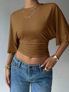 Aloruh Women's Solid Color Minimalist Short Sleeve T-Shirt - Rust Brown - View 4
