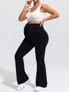 SHEIN Maternity High Waist Solid Color Flared Yoga Pants,Word Cup - Black - View 7