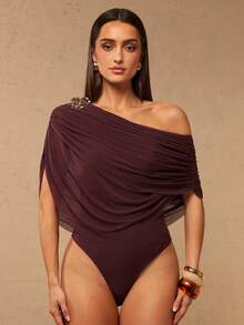Silquee Burgundy Summer Elegant Night Out Off-The-Shoulder Pleated Bodysuit With Shawl Collar,Detachable Metal Buckle For Wedding Guest,Party,Formal Events - Brown - View 1