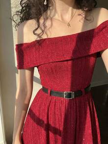 SHEIN MOD 一件式露肩黑色腰带亮片罗纹迷你连衣裙 - 紅色 - 查看 4