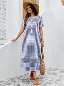 EMERY ROSE Plus Size Women Casual Plaid Print Short Sleeve Dress - Navy Blue - View 4