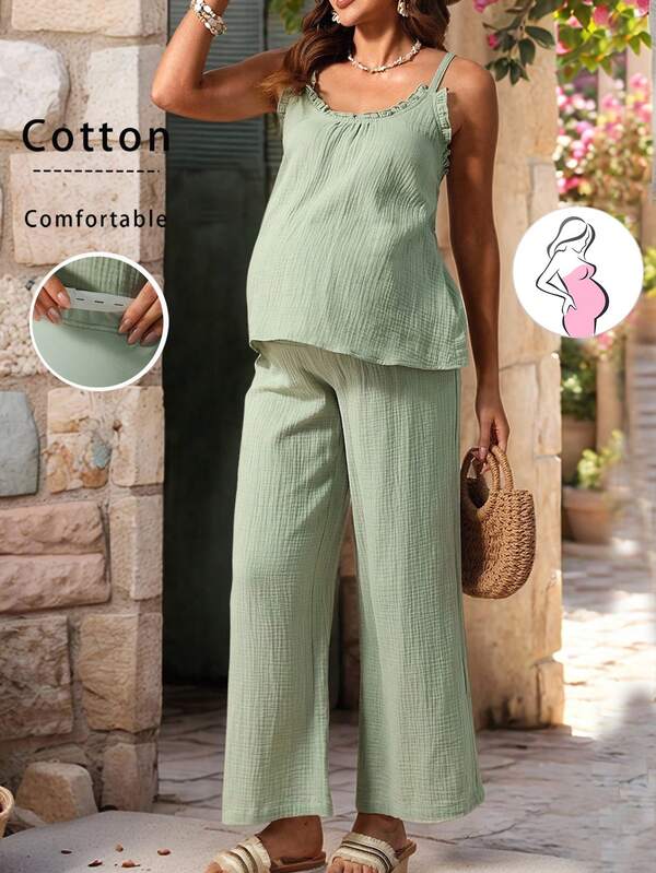 Boho Mama Maternity Clothes  Maternity Dress Pregnant Clothes Vacation  Green Maternity Two Pieces , Maternity Summer Outfit 2pcs Maternity Solid Color Ruffle Trim Camisole Top And Adjustable Waist Pants Casual Set