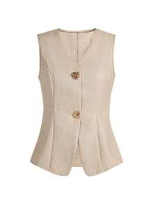 Ellevyn Rose Gold Metal Button Sleeveless Commuter Top - Khaki - View 3