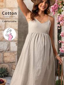 Boho Mama Maternity Striped Print Cami Dress - Apricot - View 3