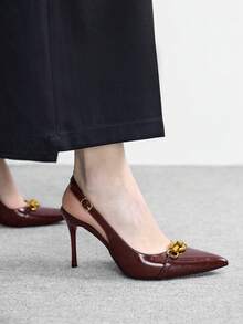 CUCCOO BIZCHIC Women Shoes Spring Summer Metal Buckle Decorative Pointed Buckle Slender Heel 9cm Women's High Heel Shoes Solid Color Commuter Dating Daily Holiday Shoes - Burgundy oily skin - View 3