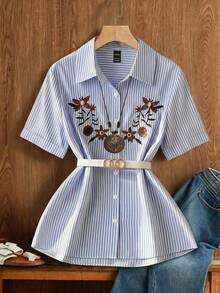 Franclia Blue And White Striped Embroidered Floral Shirt Without Belt. Suitable For Various Occasions Including Commuting, Vacations, And More. - Blue and White - View 7