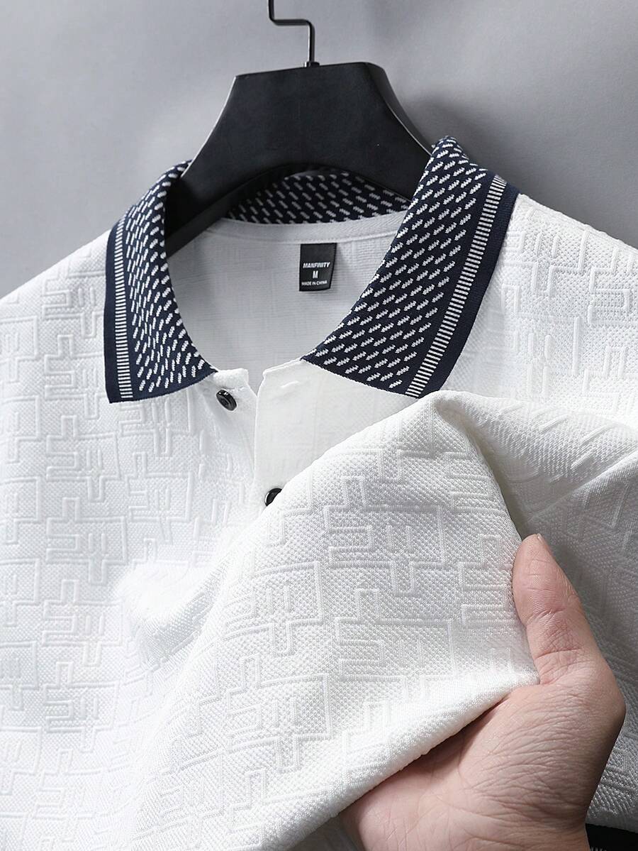 EGENSIO Men's Knitted Jacquard Texture Solid Color Ribbed Collar 2-Button Polo Shirt - White - View 1