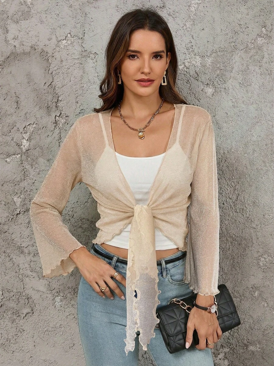 SHEIN Clasi 女士夏季荷叶边薄纱系带喇叭袖衬衫 - 杏色 - 查看 1