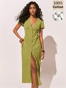 Poéselle 绿色纽扣前开襟长款连衣裙 - 短袖夏季波西米亚风度假周末穿搭，女士休闲V领纽扣短袖连衣裙，夏季女士长款休闲连衣裙，女士纽扣前开襟连衣裙，女士棉质长款连衣裙，人造丝连衣裙，法式风格连衣裙 - 灰綠 - 查看 2