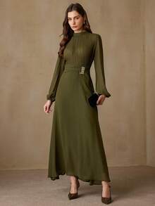 Revavyn Đầm dài tay thanh lịch và trí thức dành cho nữ, điểm nhấn là chi tiết kim loại ở eo, chân váy xòe xếp ly bằng vải chiffon. - xanh quân đội - Xem 4