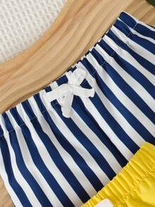 SHEIN Playful Pals Bộ 3 quần short cho bé trai, màu vàng, xanh dương và trắng kẻ sọc, in hình cây dừa, thích hợp mặc hàng ngày và đi chơi mùa hè, bộ quần short thiết yếu cho trẻ sơ sinh. - Nhiều màu - Xem 4