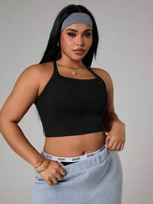 SHEIN Sports 大码女式无缝交叉露背运动背心 - 黑色 - 查看 4