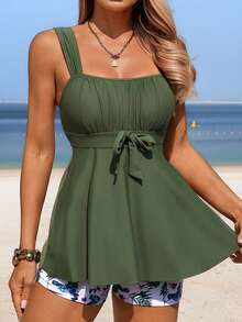 Swim Lushoire 2pcs/Set Women's Olive Green Thick Strap Top And Random Print Boyshort Bikini Set,Summer,Tropical,Beach,Vacation,Holiday,Weddings & Events Swimwear - Multicolor - View 1