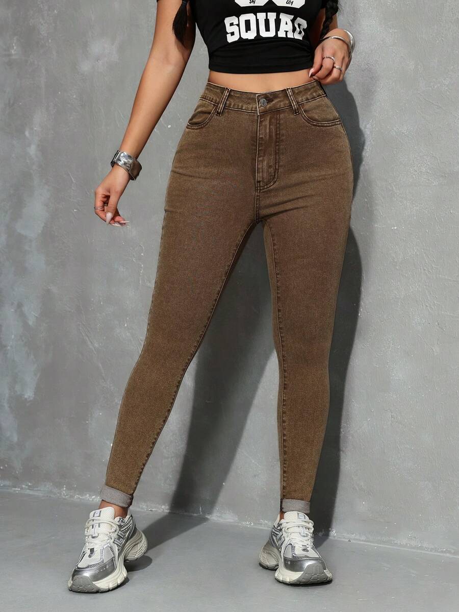 SHEIN EZwear Women's Casual Everyday Pockets Button Denim Jeans - Brown - View 1