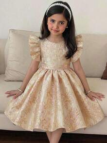 SHEIN Vestido infantil feminino de modelagem solta, manga flare, gola redonda, detalhe de babado na barra e fenda, amarelo claro. - Amarelo - Ver 2