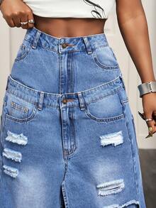 Slaydiva Fashionable Casual Women's Double-Waistband Pocket Distressed Frayed Hem Denim Jeans - Blue - View 6