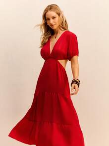 Daynim Plunging Neck Cut Out Waist Ruffle Hem Dress - Red - View 9