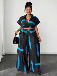 Maweii Bộ quần ống rộng hai mảnh cổ bẻ tay raglan in họa tiết màu tương phản thanh lịch dành cho nữ cỡ lớn, thời trang cho tiệc tùng và tụ tập - Nhiều màu - Xem 5