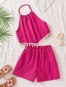 Sparklyn Ensemble 2 pièces pour adolescentes, vacances d'été. Débardeur rouge et short de couleur unie. Convient pour les vacances, les sorties et autres occasions - Rose vif - Voir 8