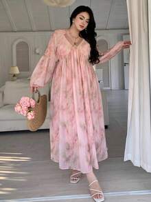 Dazy Plus Plus Size Women Chiffon Floral Print Patchwork Tie-Waist Maxi Dress, Elegant Resort Style For Spring/Summer Sundress Boho Vacation Outfits Women - Pink - View 5