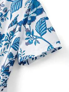 GlowEve CURVE Regalyn Women's Elegant Floral Solid Notched Neck Short Sleeve Plus Size Midi Dress, Spring/Summer - Blue and White - View 5
