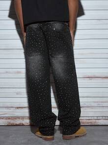 Modcrash Quần jeans nam ống đứng màu đen bóng, đính đá lấp lánh, thiết kế thời trang đường phố, dáng rộng thoải mái phù hợp mọi mùa, trang phục mùa hè, phong cách retro Mỹ, unisex, trang phục mùa hè dáng rộng – Thích hợp cho mặc hàng ngày và trang phục nghỉ hè. - màu đen - Xem 2