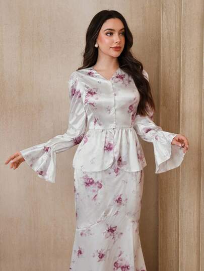 Graceveil 女士优雅印花喇叭袖上衣和半裙两件套，秋季