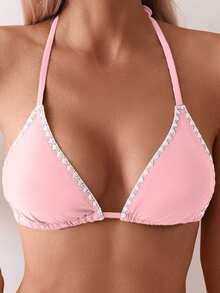Swim Basics Women's Vacation Beach Patchwork Halter Tie Bikini Top - Pink - View 3
