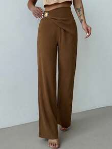 Firerie Pantalones rectos sueltos de verano con decoración metálica en la cintura asimétrica, de cintura media, de color beige sólido, elegantes y versátiles para uso diario, de estilo urbano y casual - Café integral - Ver 6