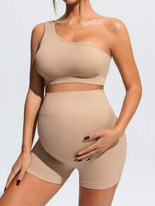 SHEIN Conjunto de sujetador deportivo de espalda nadadora y pantalones cortos de cintura alta de color liso simple para maternidad, ropa de trabajo Word Cup, gimnasio, marrón, verano, hospital - Caqui - Ver 5