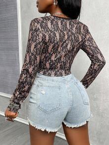 Glyssa Women's New Sexy Lace Long Sleeve Slim Fit Sheer Top, Suitable For Party, Nightclub, Beach, Pool Party In Early Spring, Spring And Summer - Black - View 2