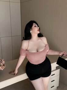Flirla 大码女士性感露肩短袖T恤，夏季 - 藕粉色 - 查看 4