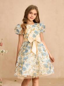 Girls Sweet Puff Sleeve Wedding Flower Girl Princess Dress, Netted Printed Dress For Birthday, Performance, Elegant Big Bow Decor Dress Girls Vintage Floral Dress Tween Dresses Puff Sleeve Tween Blue Floral Dress - Blue - View 7