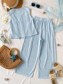 SHEIN Tween Girl Two Pieces Set Baby Blue Cute Summer Vacation Holiday Tropical Knitted Jacquard Round-Neck Pullover Top & Loose Straight-Leg Trousers - Blue - View 2
