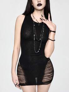 ROMWE Goth 朋克风镂空露背性感女士针织毛衣和迷你裙套装 - 黑色 - 查看 1