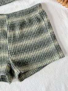 SHEIN Tween Girl Casual Asymmetric Textured Striped Cropped Off-Shoulder T-Shirt And Shorts 2-Piece Set, Vacation 2-Piece, Boho - Green - View 6