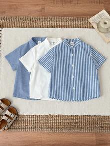SHEIN 3pcs/Set Young Boys' Casual Striped Collar Short Sleeve Cotton Woven Shirts For Summer,Family Matching,Back-To-School,Toddler Boy Versatile Tops Set - Multicolor - View 4