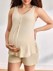 Moonlight&Mama Comfortable, Casual, Soft Maternity Loungewear Set - Khaki - View 4