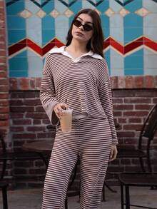 Andrea Bello Women's 2pcs Set Loose Striped V-Neck Drop Shoulder Long Sleeve T-Shirt &Elastic Waist Striped Pants, Winter Sweater Suit ,Autumn/Winter, Casual Sets For Women, New Year Clothes, Christmas Pajamas Family, Brown,,, Long Sleeve Two Piece Set,, Two Piece Set Women Comfy - Brown - View 6