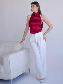 Andrea Bello Top básico elegante de cuello alto y espalda con cordón elástico ajustable - Burdeos - Ver 4