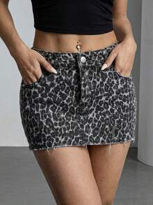 SHEIN ICON 女士性感豹纹迷你牛仔裙，夏季 - 彩色 - 查看 5