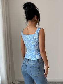 SHEIN Elenzya Women's Summer Floral Jacquard Single-Breasted Tank Top - Blue - View 2