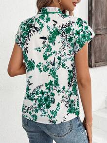 SHEIN Clasi 女士碎花荷叶边系带衬衫 - 綠色 - 查看 2