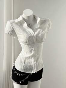 Elamini Women's Casual Retro Spicy Texture Jacquard Waist Cinching Vacation Fitted Short Sleeve Blouse White Blouse See Through Shirt Sexy Blouse - White - View 4