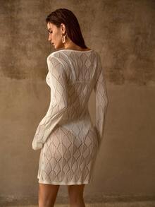 MOTF PREMIUM WOMEN'S BEACH VACATION HOLLOW-OUT KNITTED LONG SLEEVE COVER-UP DRESS - Beige - View 4