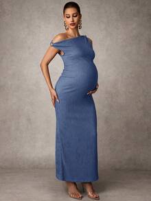 MaterniChic Elegant Maternity Party Solid Color Asymmetrical Shoulder Dress - Blue - View 5