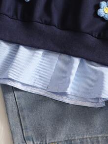Set de 2 piezas Pantalones vaqueros y blusa a rayas con estilo colegial y parches para niñas, apropiado para uso diario y actividades al aire libre - Azul Marino - Ver 8