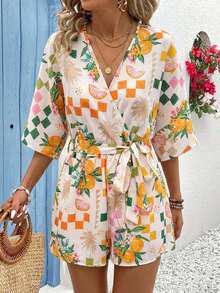 Vivid Eden Women's V-Neck Crossed Waist Tie-Up Ruffle Textured Fabric Casual Vacation Romper,Summer,Summer Vacation Outfits Women, Summer Outfits Women, Summer Outfits Woman, Women Summer Outfits,Vacation,Vacation Style, - Yellow - View 7