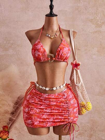 Bellisia Women's Graffiti Floral Print Metal Decor Sweet Elegant 26ss New Lace-Up Beach Party Resort Style 3-Piece Swimsuit